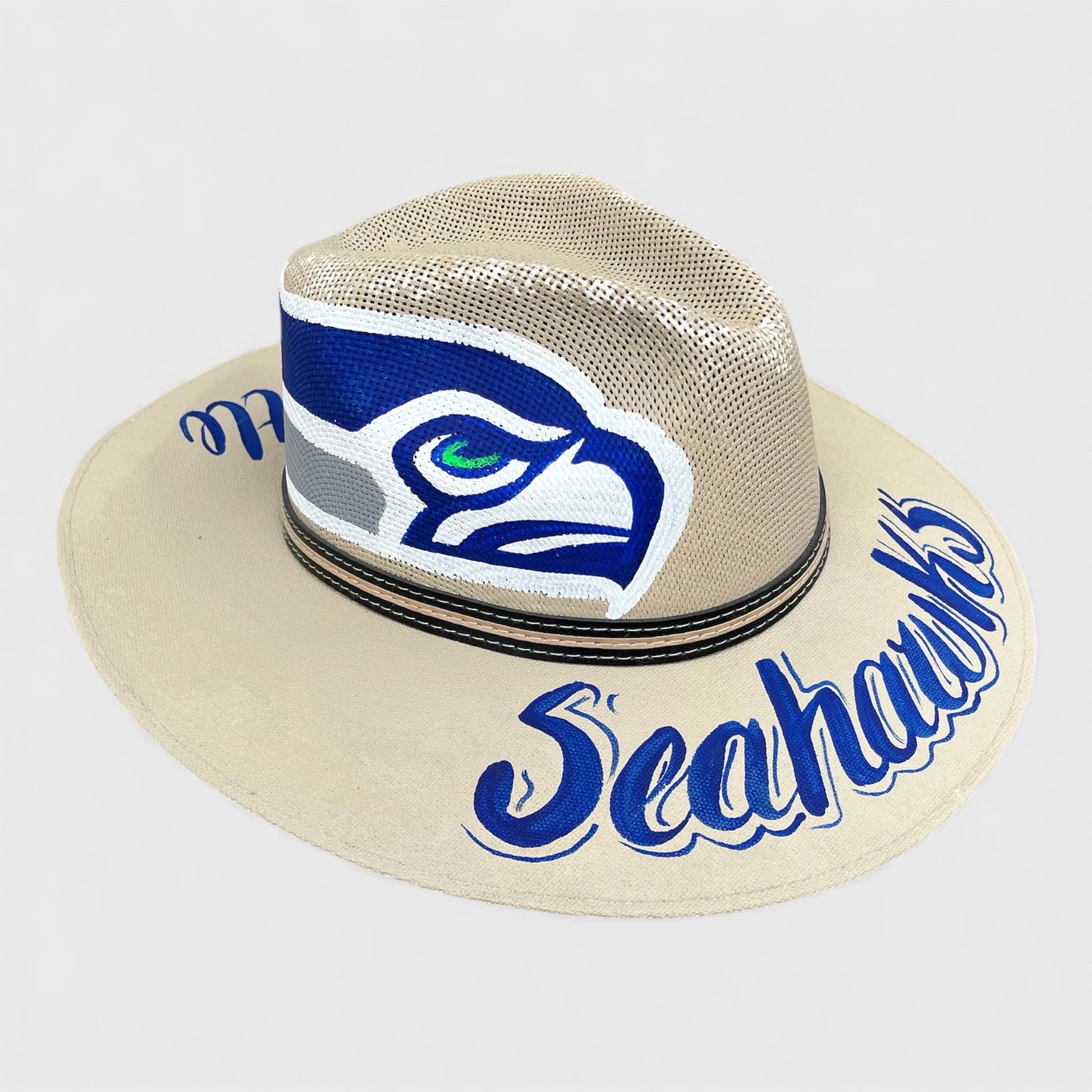 Vintage Seattle Seahawks Hand-Painted Straw Panama Hat L