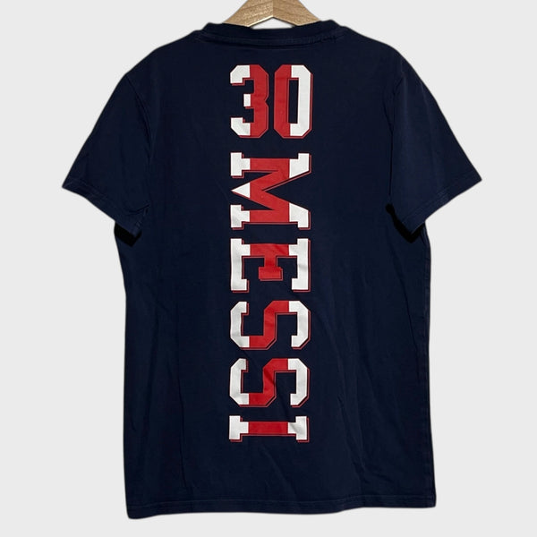 Navy blue t-shirt with '30 Messi' printed on the back, hanging against a light gray background.