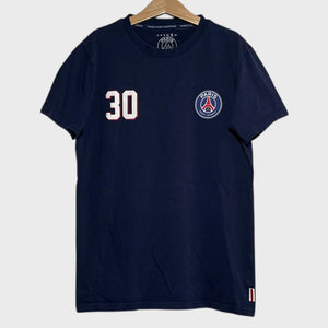 Navy blue t-shirt with number 30 and PSG logo on a hanger against a white background
