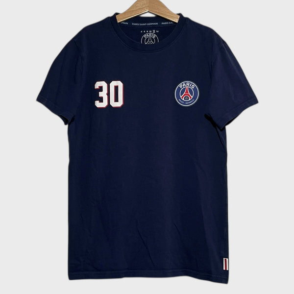 Navy blue t-shirt with number 30 and PSG logo on a hanger against a white background