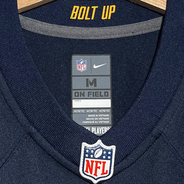 Navy blue football jersey collar with 'Bolt Up' text and NFL logo branding