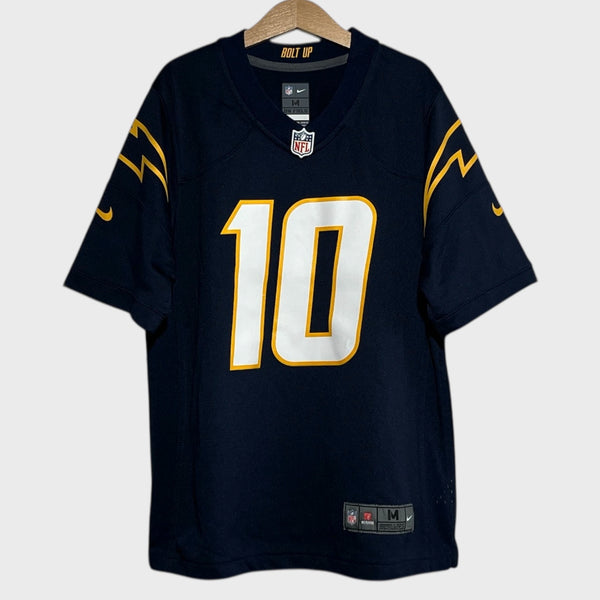 Navy blue football jersey with number 10 on a hanger against a white background