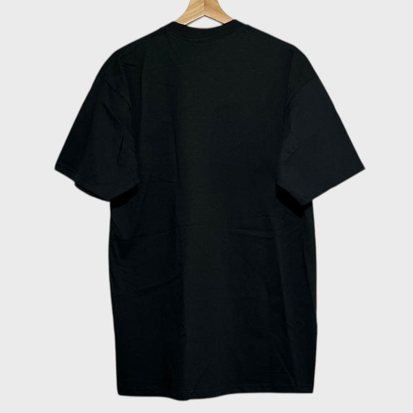 Black t-shirt on a hanger against a white background