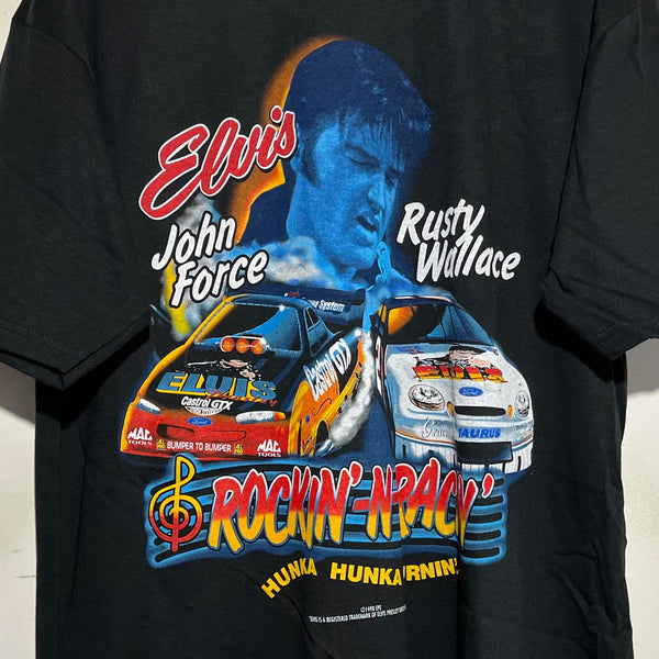 Black t-shirt with racing-themed design featuring John Force, Rusty Wallace, and Elvis Presley.