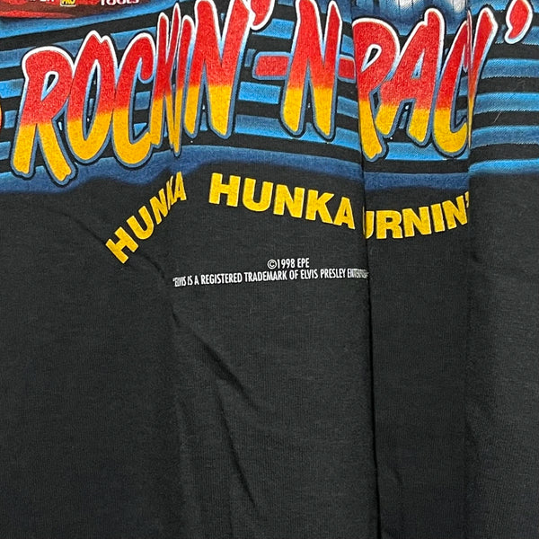 Black t-shirt with colorful 'Rockin' N Roll Hunka Hunka' text design.