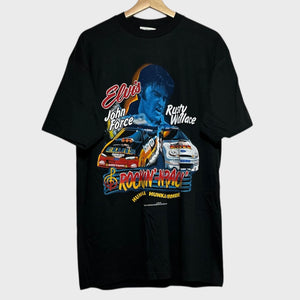 Black t-shirt with a graphic design featuring Elvis Presley and two race cars on a white background
